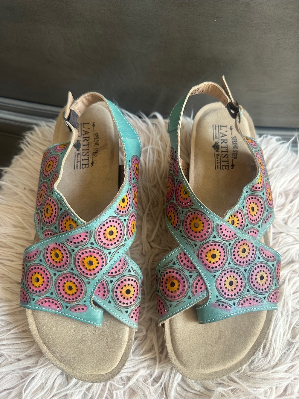 L'ATISTE Aqua Pink Yellow Patterned Slingback Sandals